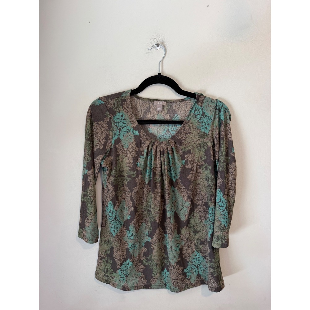 J. Jill Womens XS Damask Floral Scoop Neck Pleated Knit Top Teal Brown Green